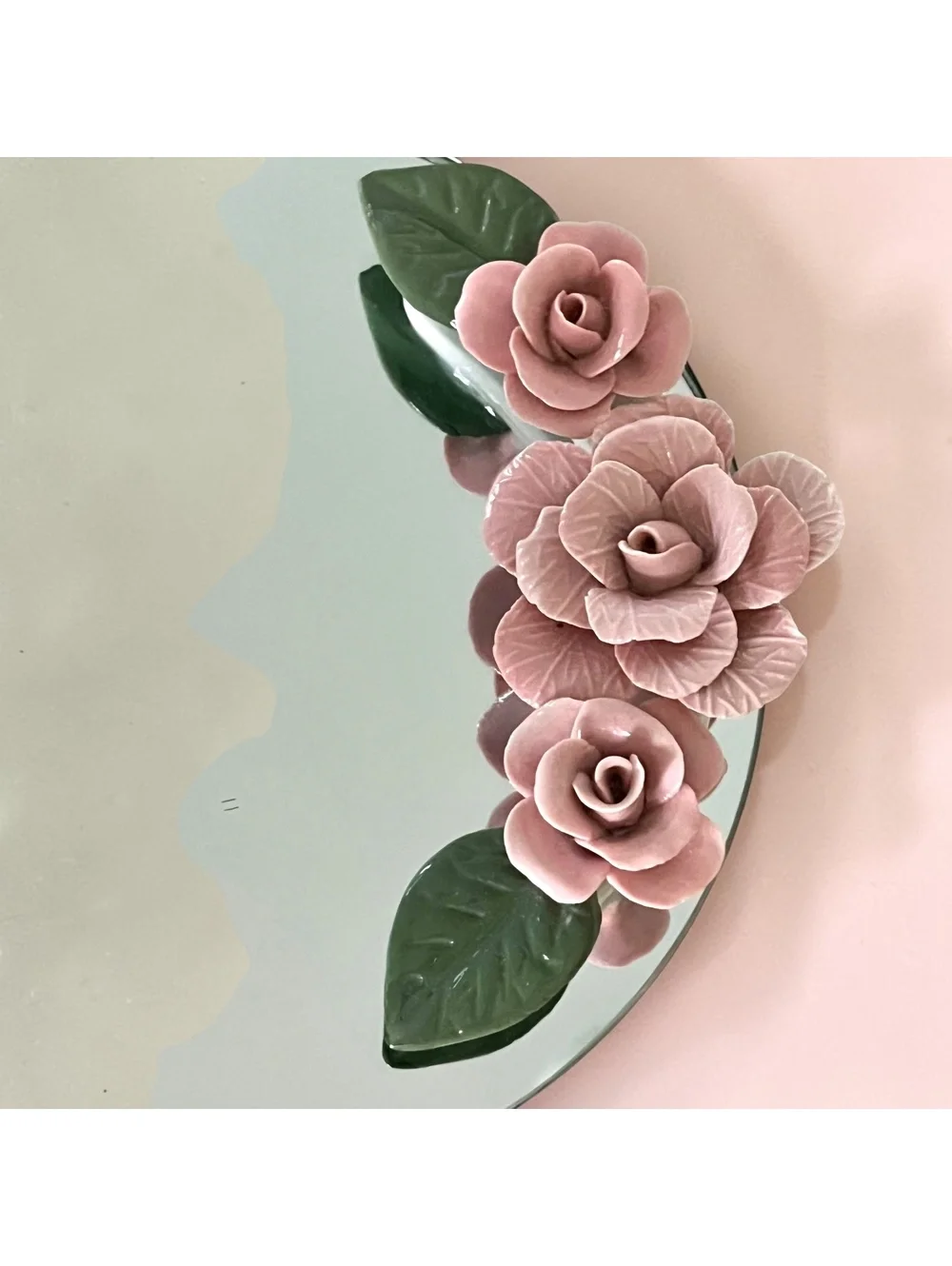 Vintage Pink Porcelain Rose Mirrored Vanity Tray Shabby Chic Cottagecore 13”